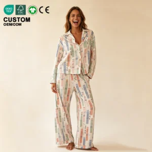 Breathable Modal Button-Up Pajamas for Women All-season Long Sleeve Printed Lounge Set Soft Stretch Pjs Eco-Friendly Loungewear