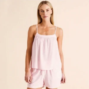 QinQin Women's Nightwear Sets Elegant Breathable Sleeveless Top Shorts Pajamas Sets with Front Logo Elastic Waist for Home Use