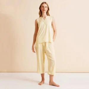 QinQin Hot Sale Summer Fashion Comfortable Breathable Women's Elastic Waist Sleeveless Top Pants Pajamas Sets Casual Loungewear