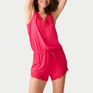 QinQin Elegant Breathable Cozy Comfortable Women's Night Romper Lightweight One-piece Sleepwear Lace Detail Summer Home Clothes