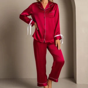 QinQin Hot Sale Elegant Comfortable Smooth Women's Long-sleeve Pants Pajamas Sets Breathable Soft Elastic Waist Bow Design