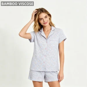 Women's Bamboo Custom Printed Elegant Elastic Waist Two-Piece Short Sleeve Pajamas Set