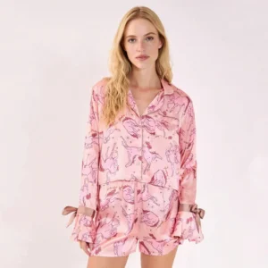 QinQin Elegant Front Lightweight Elastic Waist Summer Soft Custom Printed Women's Pajamas Sets with Long Sleeves