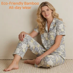 QinQin Women PJ Set Soft Breathable Short Sleeve and Pants Pyjama Two Pieces Loungewear Set OEM Service Women's Cozy Pajamas Set