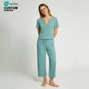 QinQin Women's Comfortable Waffle Solid Elastic Waist V-neck Breathable Modal Two-Piece Pajamas Set Custom Logo