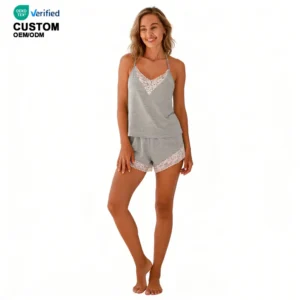 QinQin Women's Breathable Bamboo Two-Piece Pajamas Sets Lace Summer Pyjamas Nightwear Neck Elastic Waist Camisole Top Sleepwear