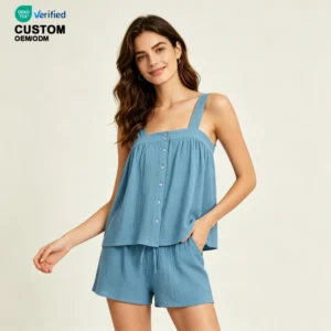 QinQin Elegant Stylish Women's Breathable Lyocell Seersucker Tank Top Shorts Pajamas Sets Casual Sleepwear Soft Two-Piece