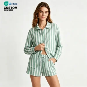 QinQin Women's Long Sleeve Shorts PJ Set Casual Loungewear Two-Piece Pajamas Skin-friendly Breathable Seersucker Sleepwear Front