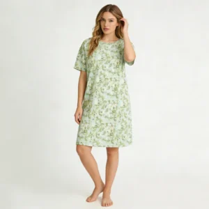 QinQin Floral Printing Breathable Elegant Soft Women's Short-sleeve Nightgown Summer Casual One-piece Night Dress Front Neck