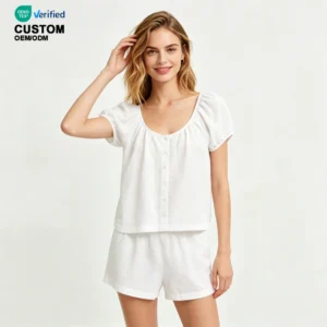 QinQin Wholesale Women's Summer Elegant Breathable Seersucker Nightwear Two-Piece Pajamas Set with Front Logo