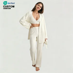 QinQin Women's Elegant Casual Soft Long Sleeve Pajamas Sets Comfortable Three-Piece Nightwear Textured Woven Breathable