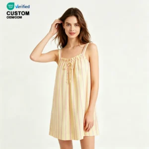QinQin Wholesale Elegant Knee Soft Breathable Night Dress One Piece Nightgown Summer Women Casual Seersucker Sleepwear Pajama