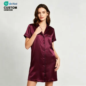 QinQin Elegant Women's Knee Length Short Sleeve Lightweight Satin Night Dress One Piece Nightshirt Nightgown Loungewear