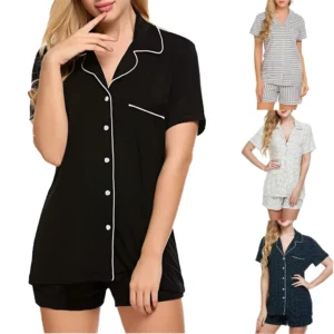 OEM Women's Casual Home Wear Two-Piece Solid Pajama Set Soft Knitted Fabric Elastic Waist Short-Sleeved Breathable Summer